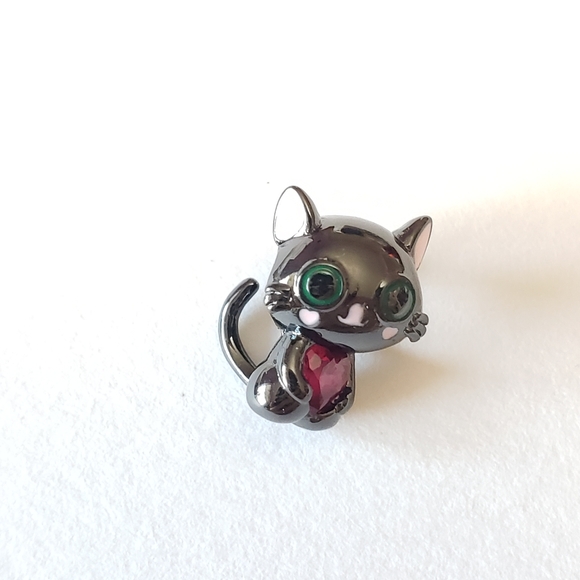 New Black Cat Silver Plated Fit Charm, with pink heart Rhinestone - Picture 6 of 7